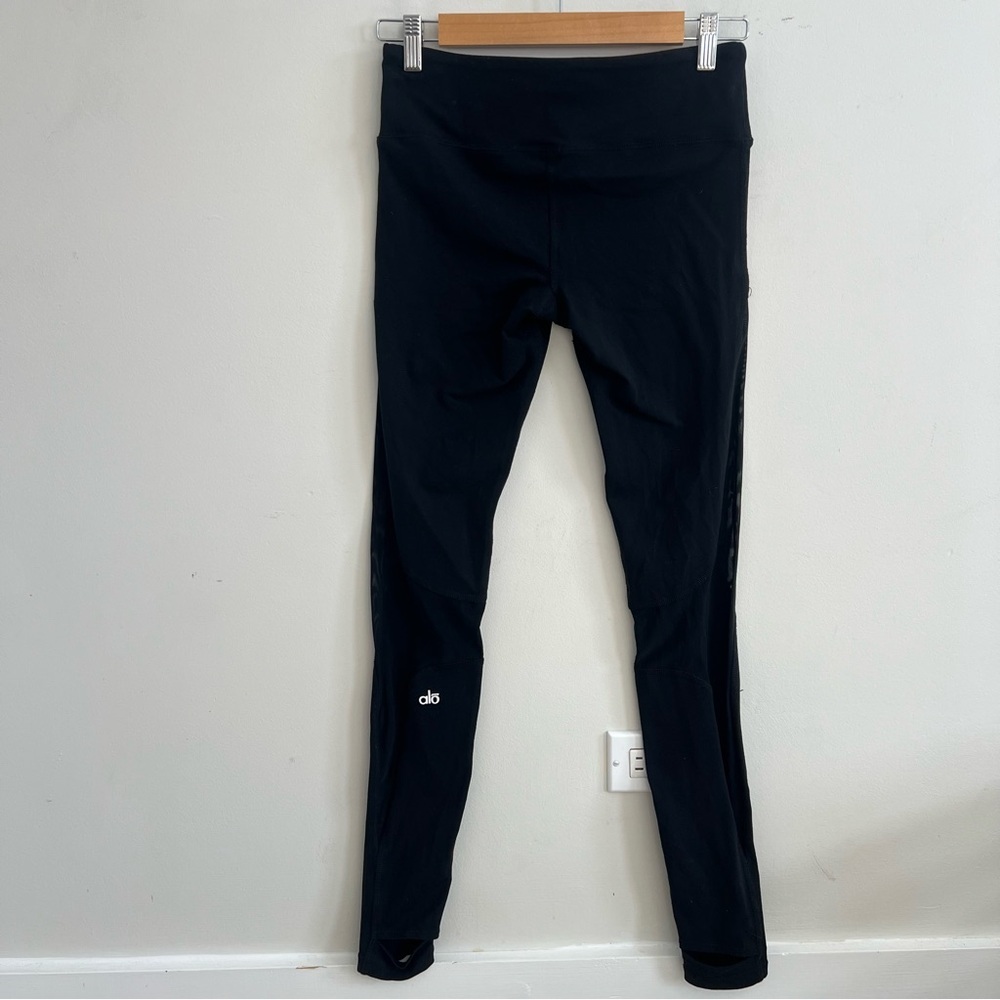 ALO Yoga Black Stirrup Leggings Mesh Detail High Waisted Athletic Fitness